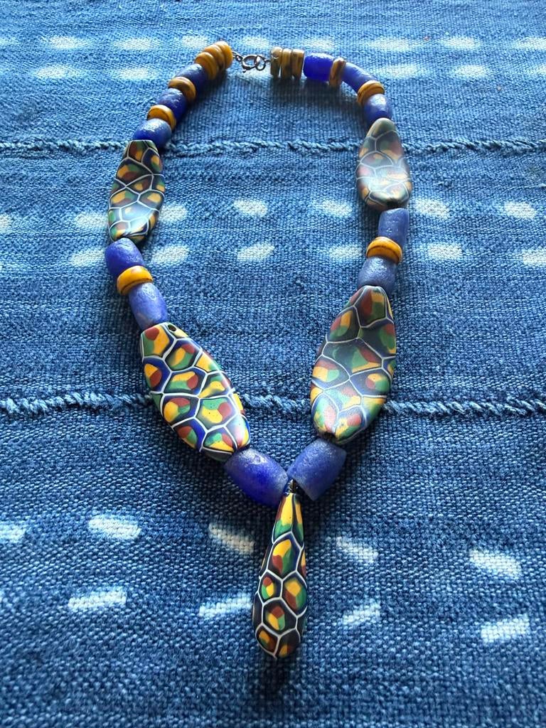 Murano glaskralen ketting met hanger, Gebruikt, Blauw, Ophalen of Verzenden, Overige materialen