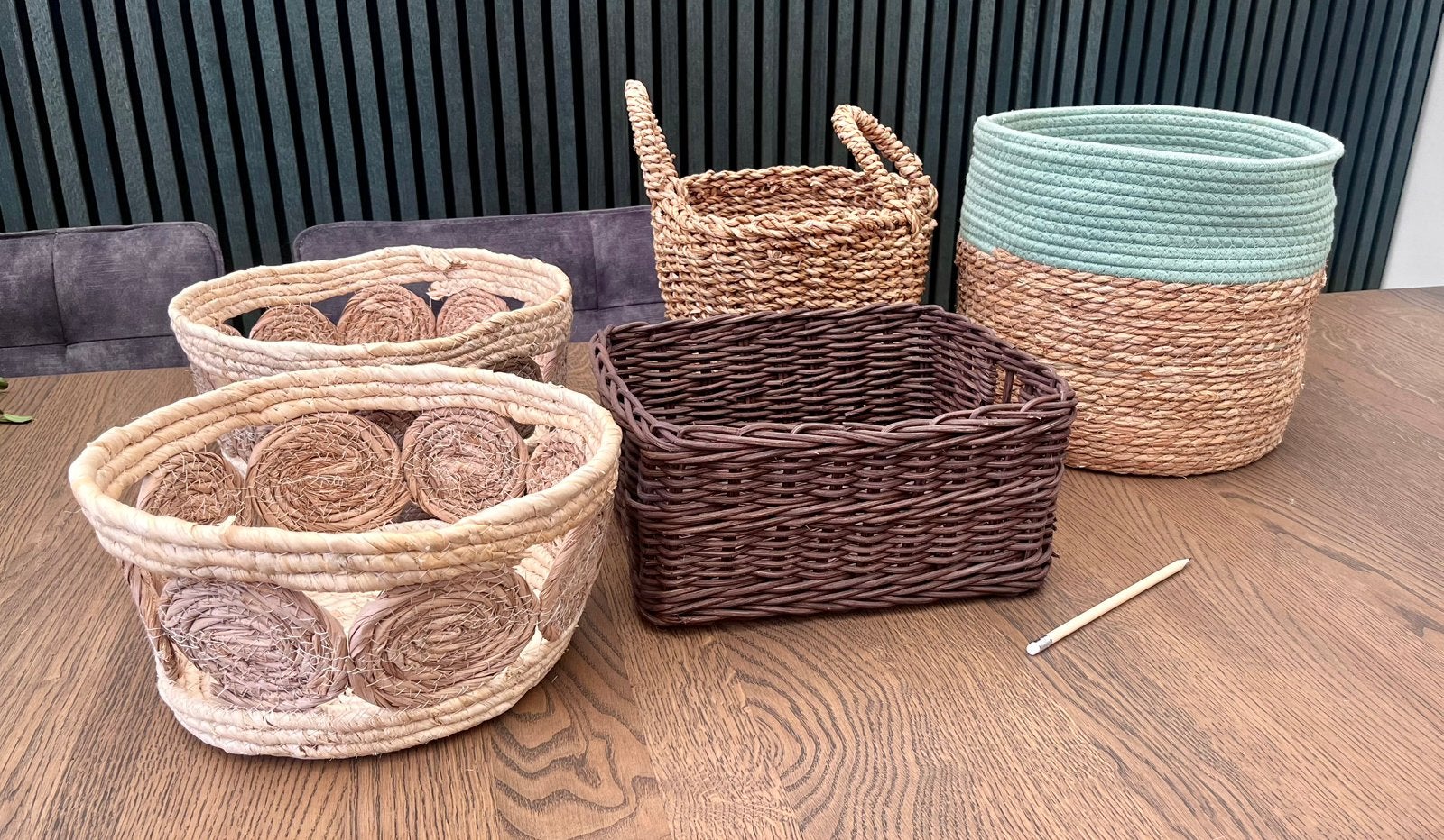 5 rieten manden, 1 set. Als nieuw!, Ophalen of Verzenden, Zo goed als nieuw, Rond, Riet