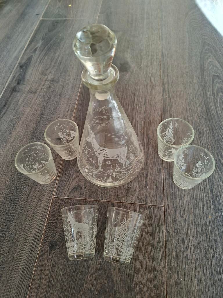 Vintage karaf met 6 borrelglaasjes - Hert motief, Ophalen of Verzenden
