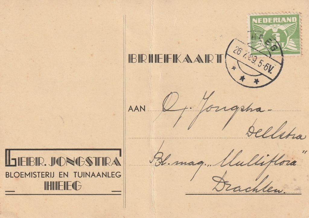 Briefkaart Fa Jongstra  uit Heeg, Ophalen of Verzenden, 1920 tot 1940, Gelopen, Overige thema's