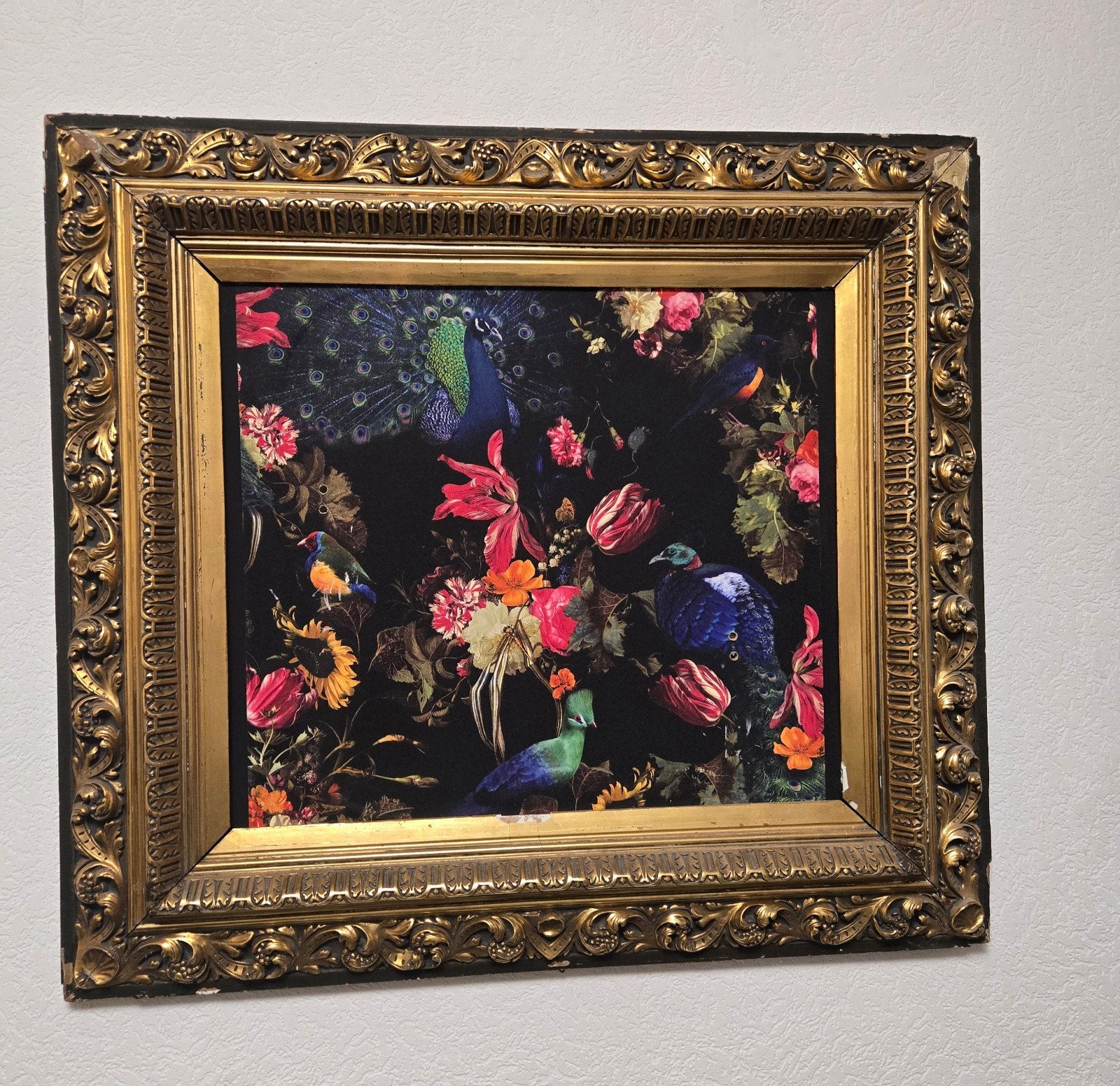 Schilderij met pauwen en bloemen in klassieke lijst, Ophalen, Bijzondere lijst, Dieren, Klassiek