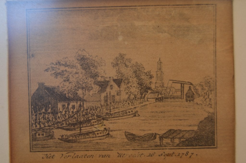Kleine ets 'Het verlaaten van Utrecht' 16 - 09 - 1787, Ingelijst, Ets, Ophalen of Verzenden, 12 cm