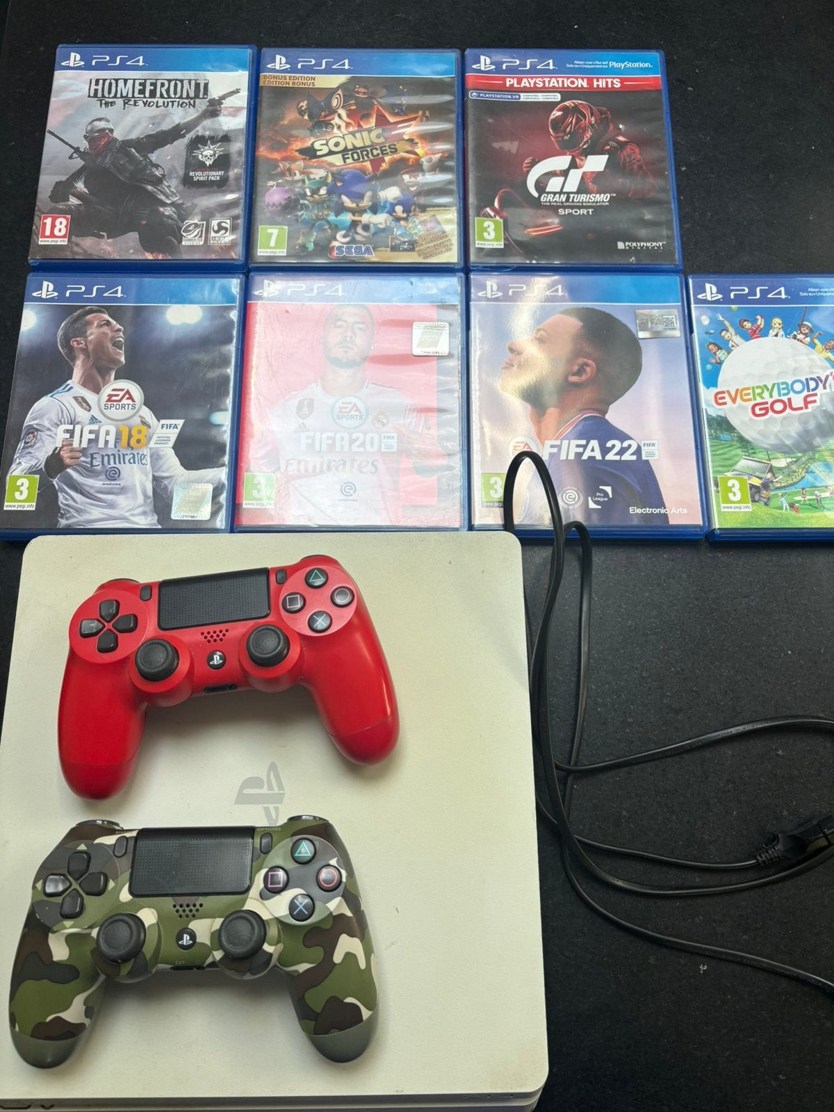 PS4 Slim 500 GB + 2 controllers + 7 games, Met 2 controllers, Ophalen of Verzenden, Slim, 500 GB