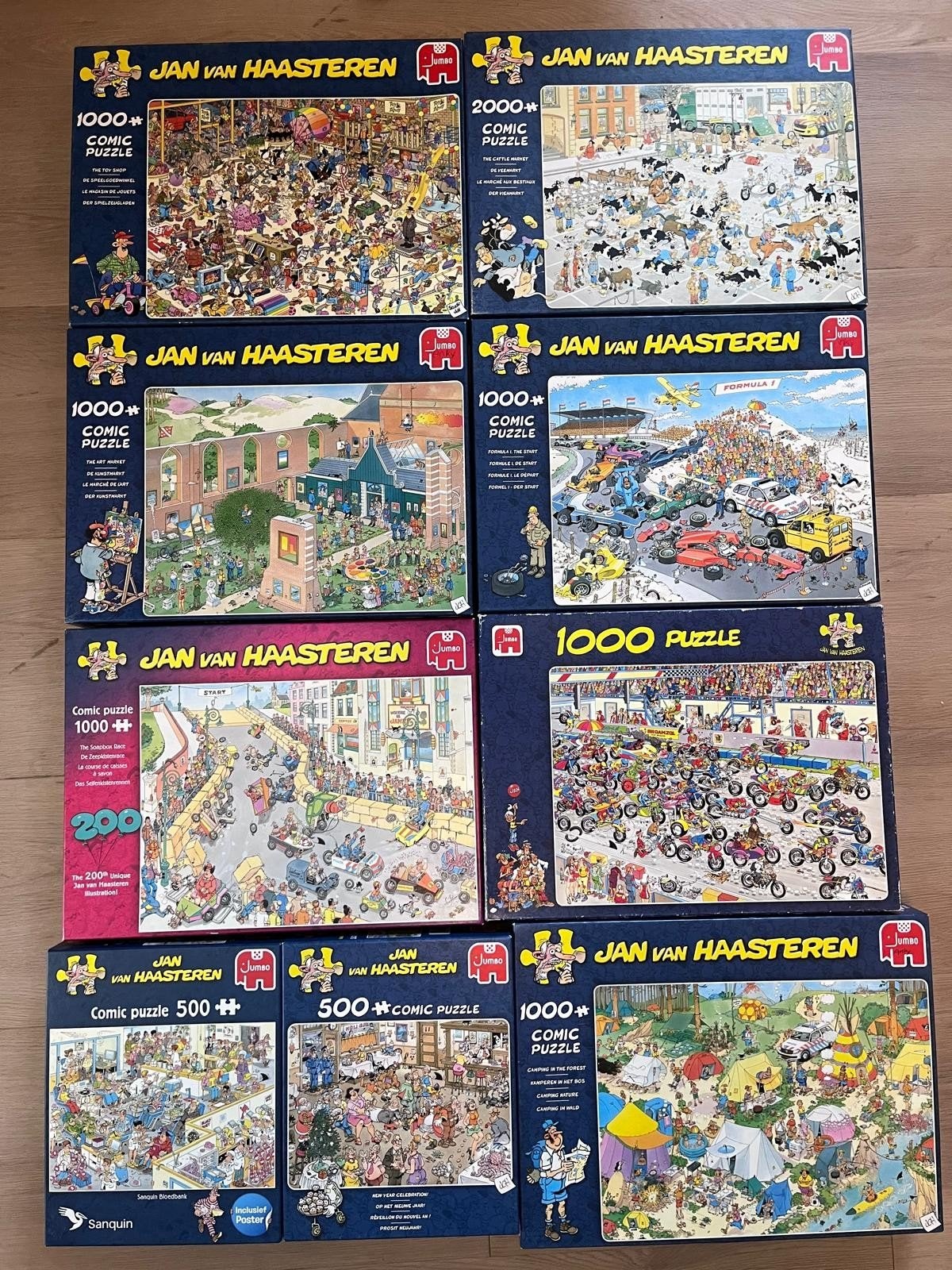 Koopje! 14x Jan van Haasteren puzzels, Ophalen, 500 t/m 1500 stukjes, Zo goed als nieuw, Legpuzzel