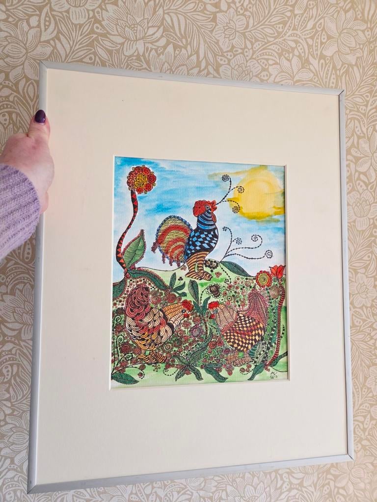 Kunstwerk Aquarel- Pen tekening Marja Visscher haan met henn, Ophalen of Verzenden
