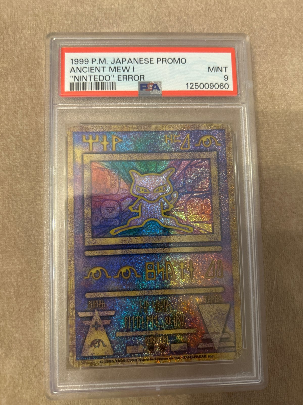 Ancient Mew "Nintedo" Error PSA 9 - Japanse Promo Pokémon Ka, Ophalen of Verzenden, Zo goed als nieuw, Losse kaart, Foil