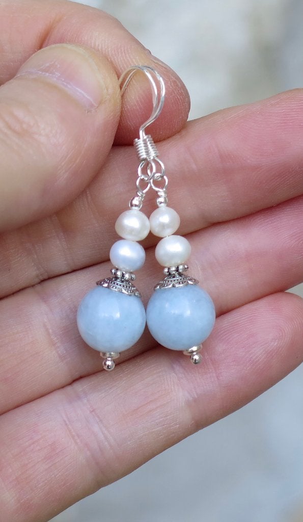 Mooie oorbellen met aqua Jade en Parels, zilver, Hangers, Nieuw, Met edelsteen, Zilver