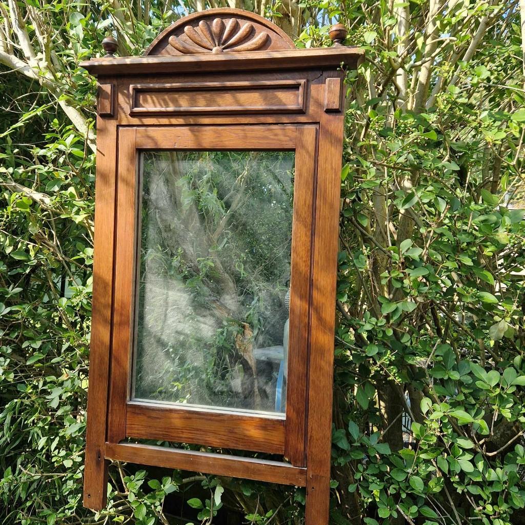 Antieke houten schouw (kantel) spiegel (brocante), Ophalen, Gebruikt, 100 tot 150 cm, Rechthoekig