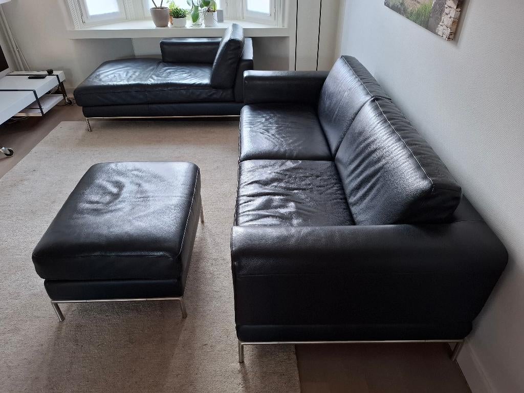 Salon zetels zwart leder, Ophalen, Eenpersoons, 75 tot 100 cm, Zo goed als nieuw