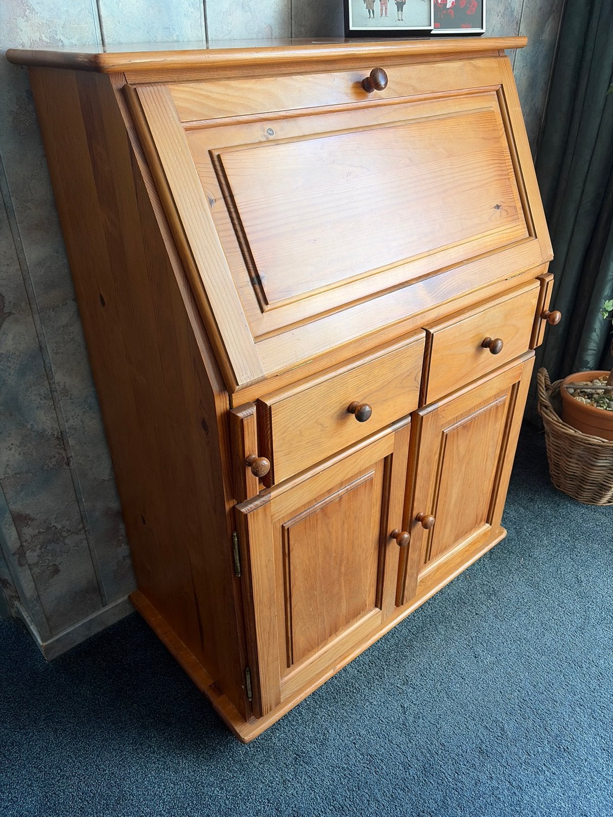 Vintage grenen secretaire met opbergruimte, Gebruikt, Secretaire, Ophalen of Verzenden, Overige merken