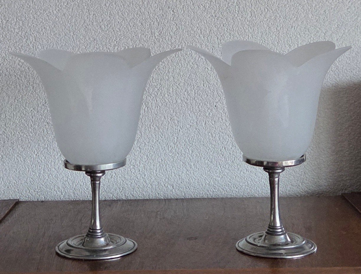 Set Art Deco windlichten – 't Oude Ambacht tin & opaalglas, Ophalen of Verzenden