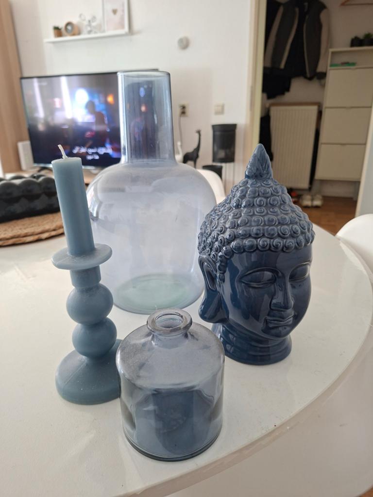 Decoratie set: Boeddha, vazen en kaarsenhouder, Ophalen, Blauw, Zo goed als nieuw, Modern