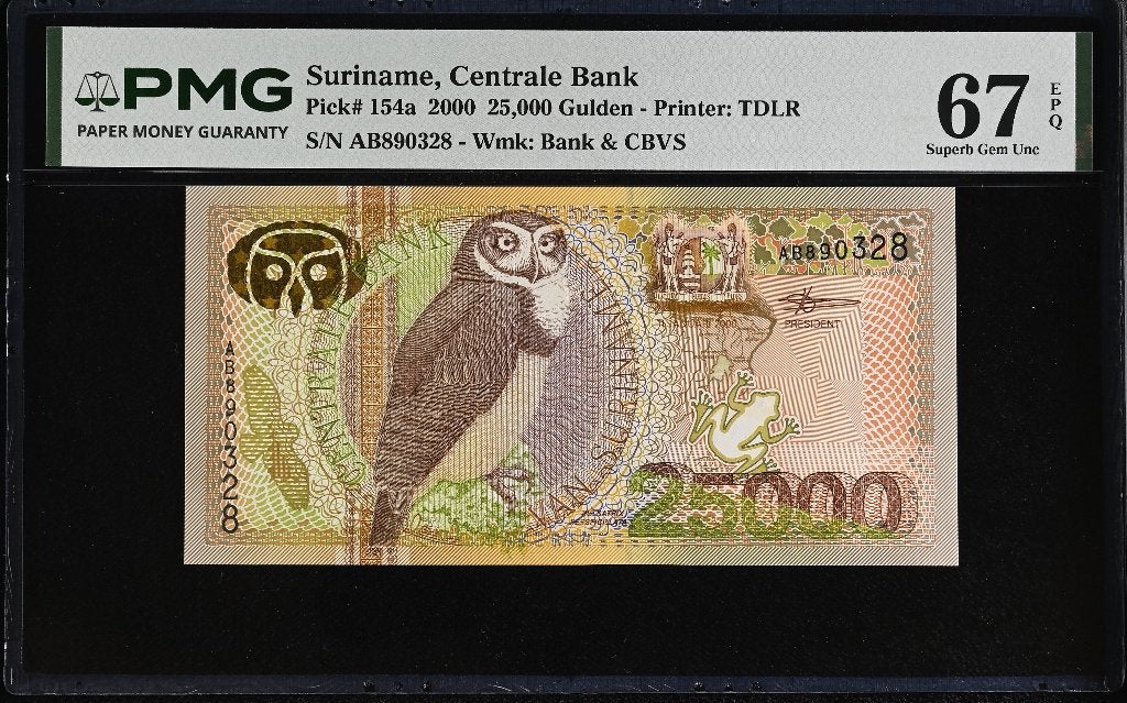 UNC biljet 25000 gulden Suriname, 2000 | PMG 67 EPQ, Ophalen of Verzenden
