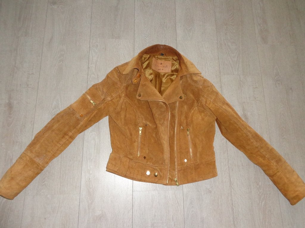 bruine suede dames bikerjas van Goosecraft, maat S, Ophalen of Verzenden, Gedragen, Maat 36 (S), Bruin