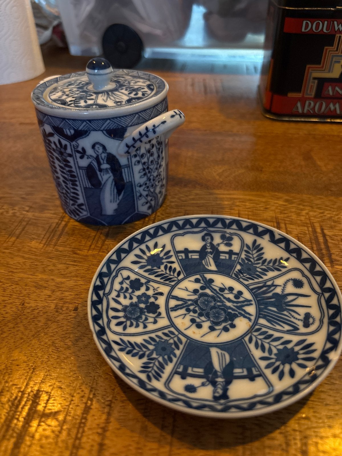 Antieke Mosa suiker of roompotje schotel, D blauw, ca. 1900, Ophalen of Verzenden