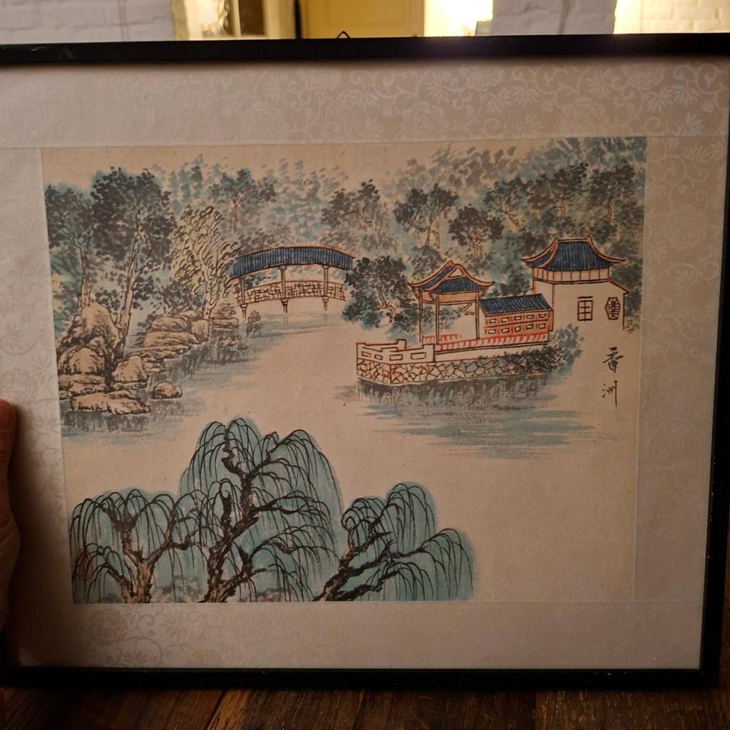 Antieke Chinese Tekening achter Glas 42x36 cm groot, Antiek en Kunst, Ophalen of Verzenden