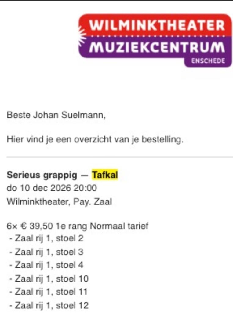 2x 3 tickets EERSTE RIJ Tafkal Enschede 10 december, Tickets en Kaartjes, Evenementen en Festivals, Twee personen