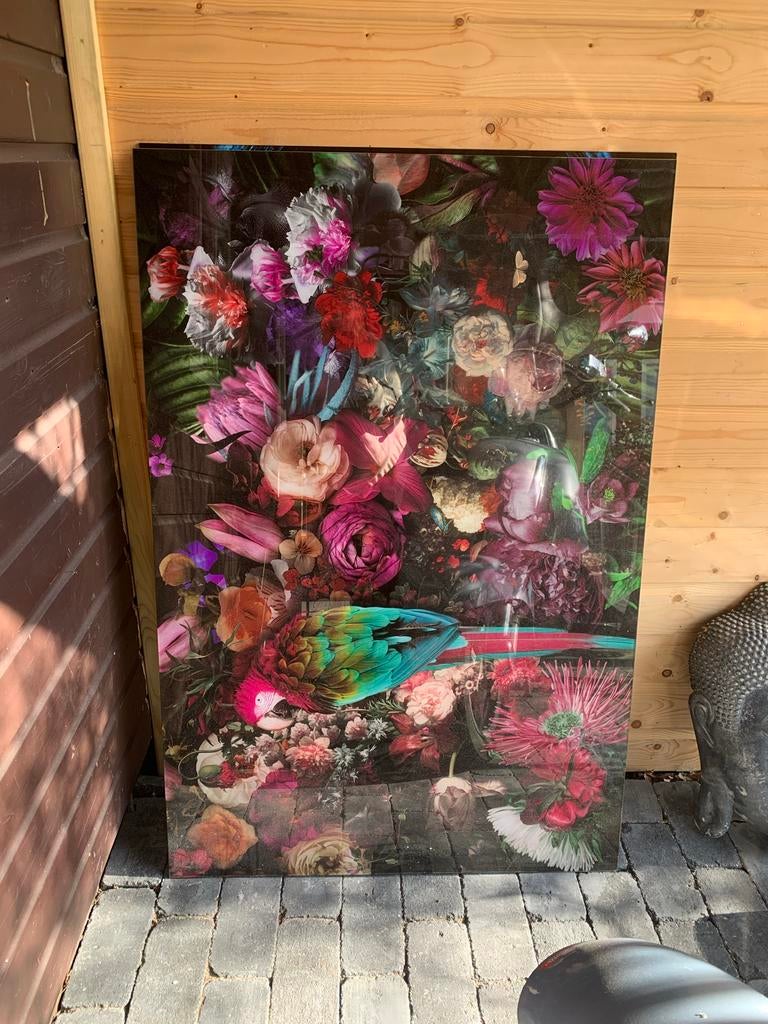 Kunst glasplaat met bloemen en papegaai, Ophalen, Gebruikt, Overige typen, 75 cm of meer