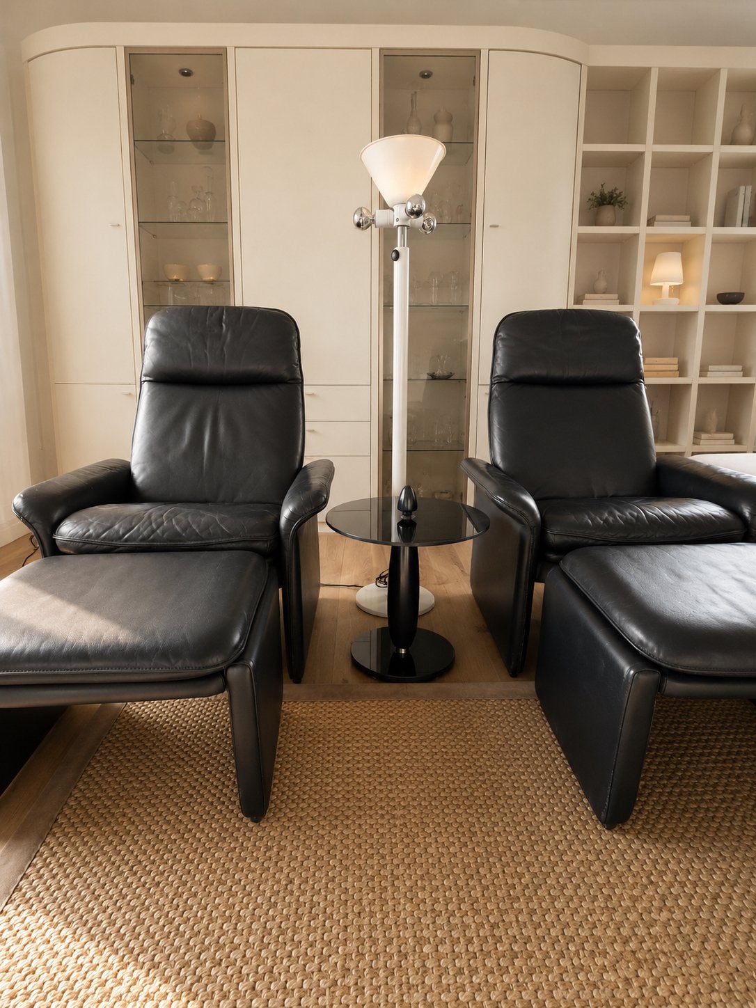 DeSede DS55 blauw Neck leren design set met hocker, Huis en Inrichting, Stoelen, Ophalen, Gebruikt, Twee, Blauw