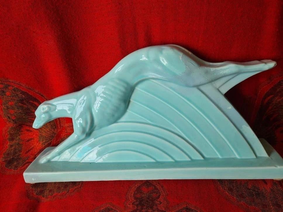Art Deco beeld turquoise hazewindhond Francois, Ophalen of Verzenden