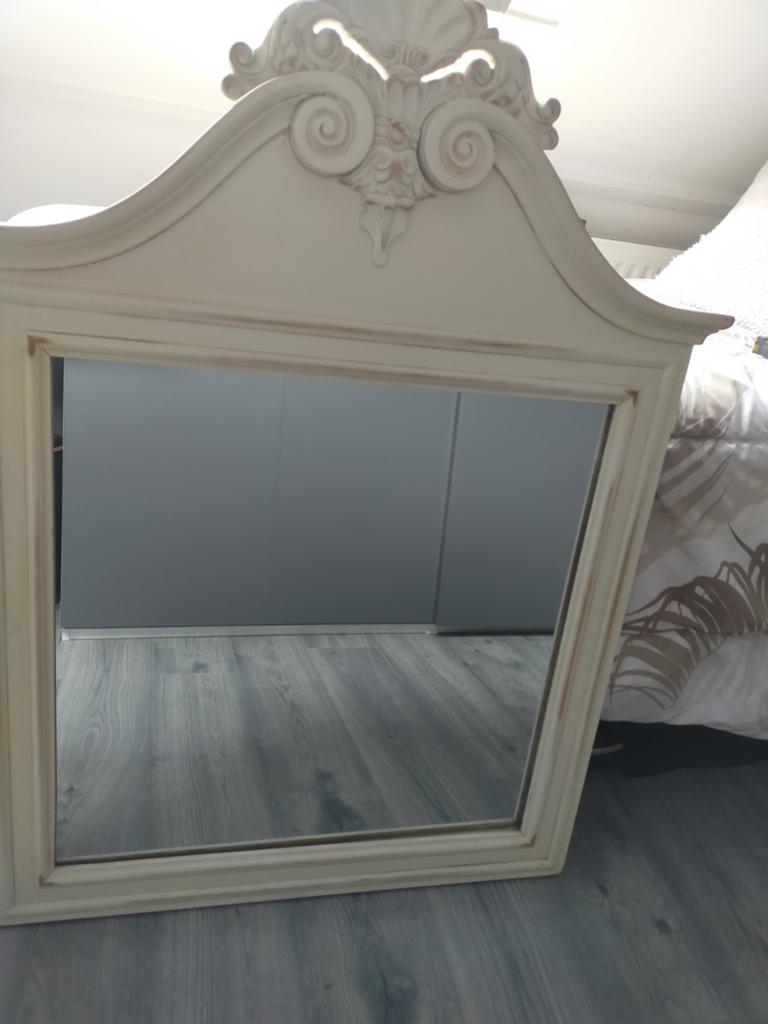 Brocante houten Spiegel gebroken wit, Ophalen, Rechthoekig