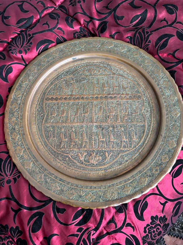 Antiek Turks/Perzisch koperen bord met gedetailleerde gravur, Ophalen of Verzenden