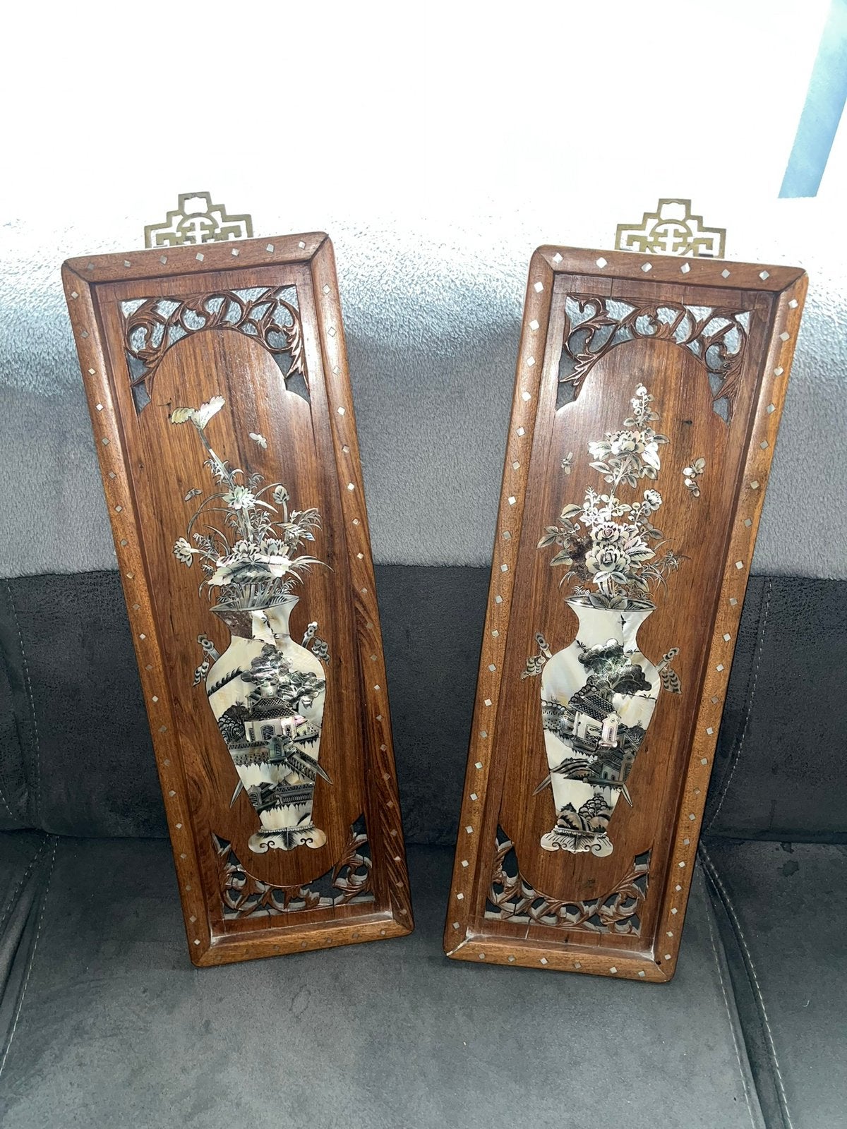 Set van 2 Aziatisch wandpanelen Hout met parelmoer inlegwerk, Antiek en Kunst, Ophalen of Verzenden