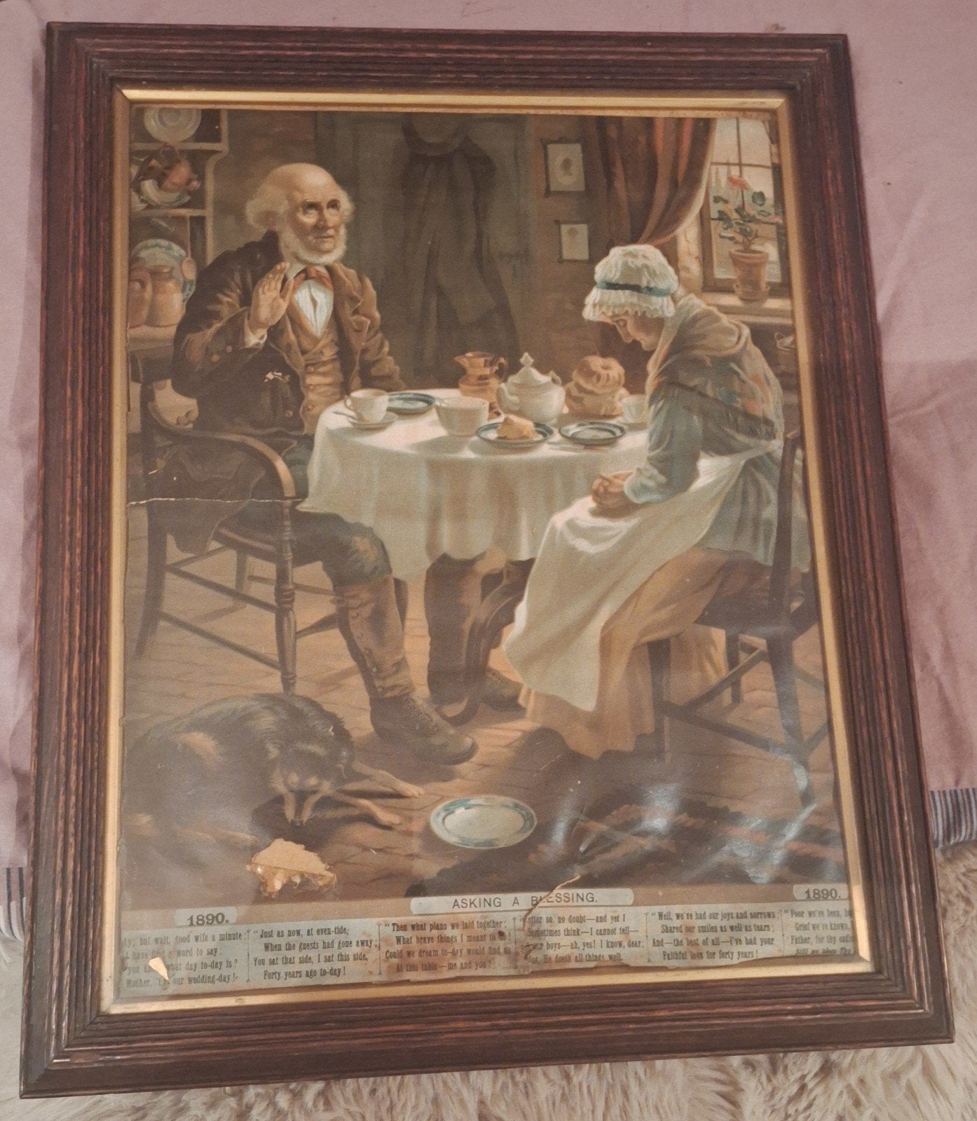 Vintage ingelijste prent 'Asking a Blessing' 1890, Ophalen