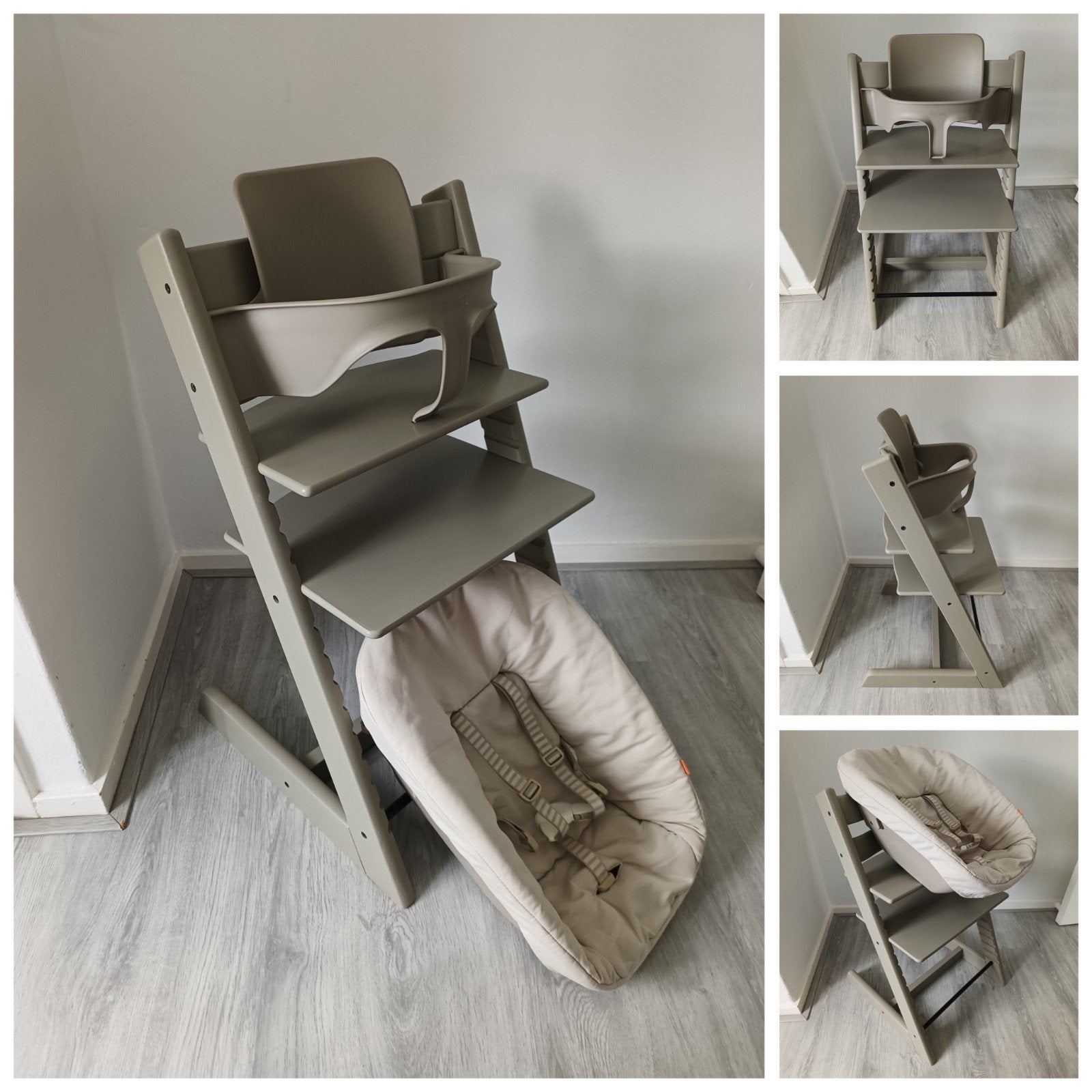 Stokke Tripp Trapp taupe grijs met babyset en newbornset, Meegroeistoel, Ophalen of Verzenden, Zo goed als nieuw, Stokke Tripp Trapp