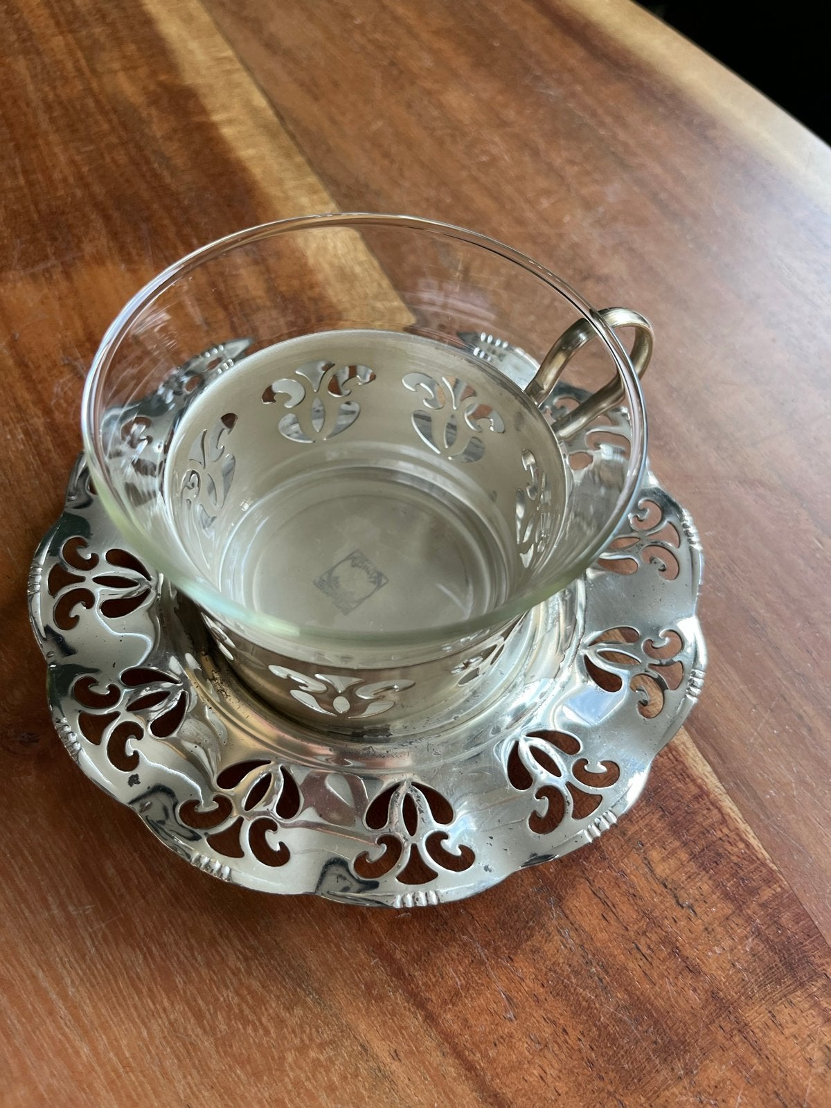 Vintage theeglas met verzilverde houder en schotel, Antiek en Kunst, Ophalen of Verzenden