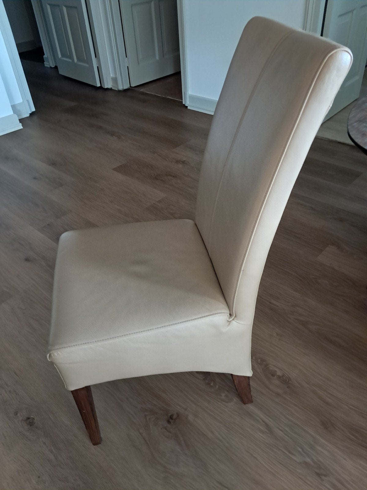 6 beige leren eetkamerstoelen in goede staat, Huis en Inrichting, Stoelen, Ophalen, Gebruikt, Overige kleuren, Leer