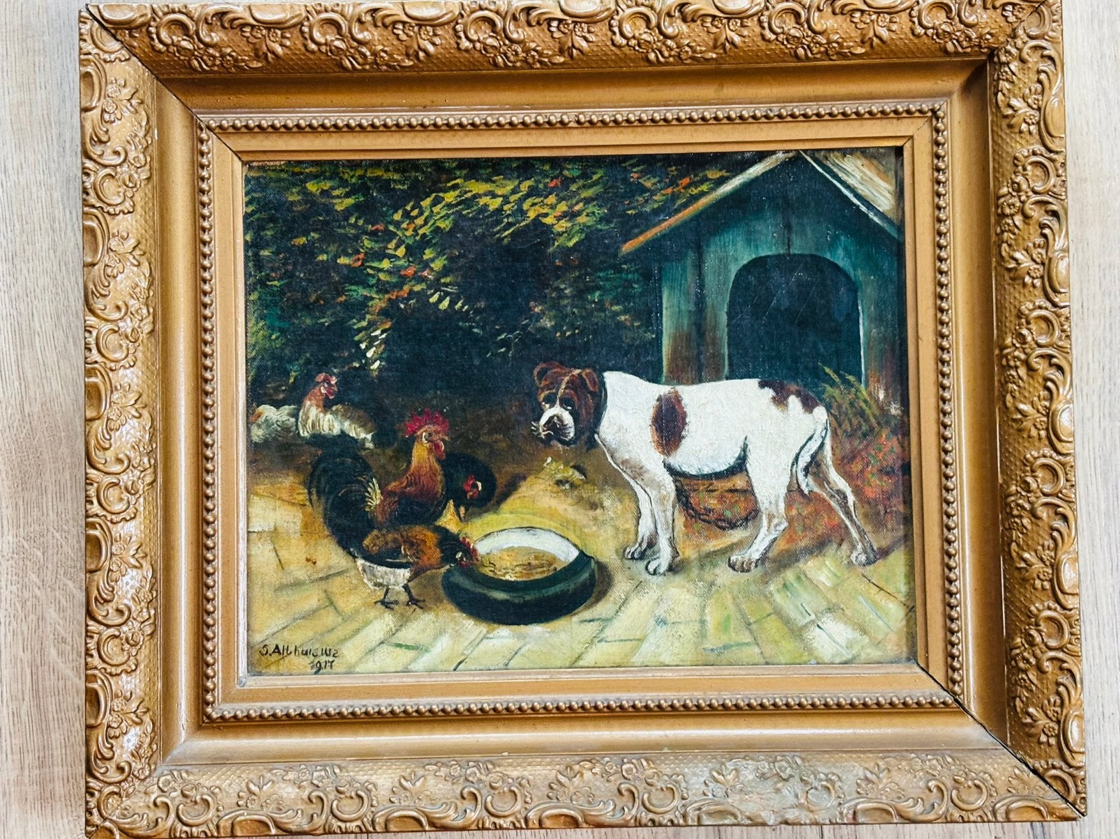 antiek olie verf schilderij 1917 buldog met kippen, Ophalen of Verzenden