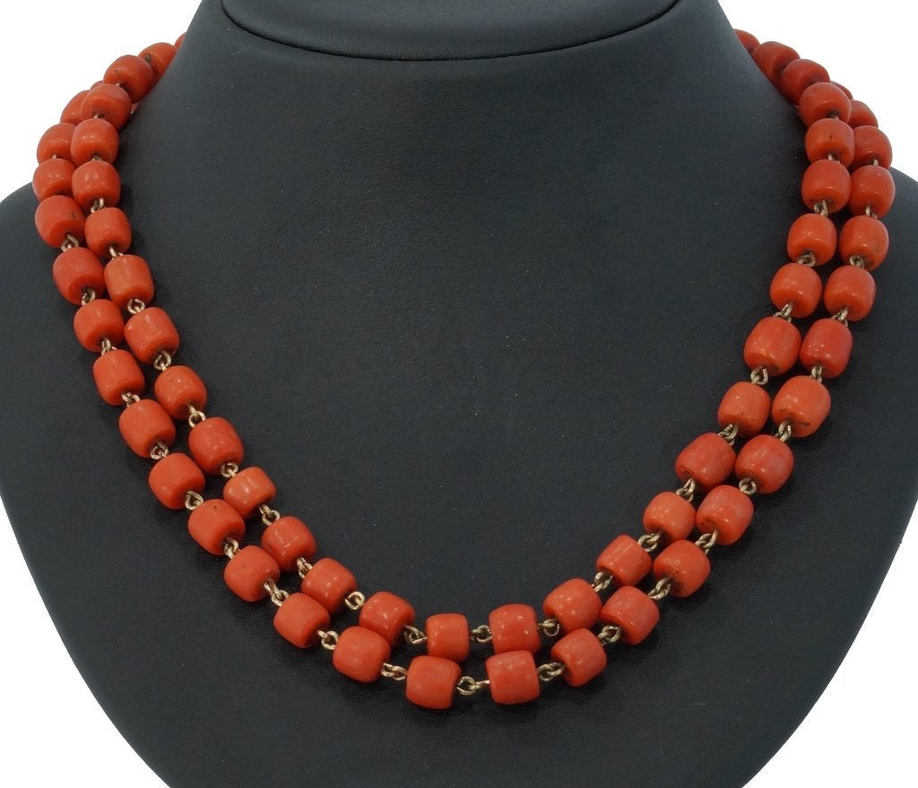 Bloedkoraal antieke ketting 14k slot goud en draad uniek, Ophalen of Verzenden, Goud, Ketting, Met edelsteen