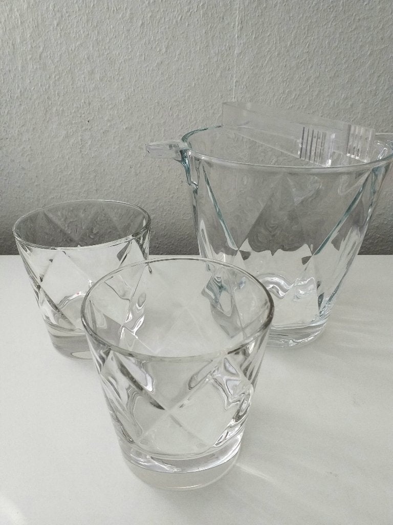 Glazen ijsemmer met tang en 2 glazen., Verzenden, Overige merken, Glas, Overige typen