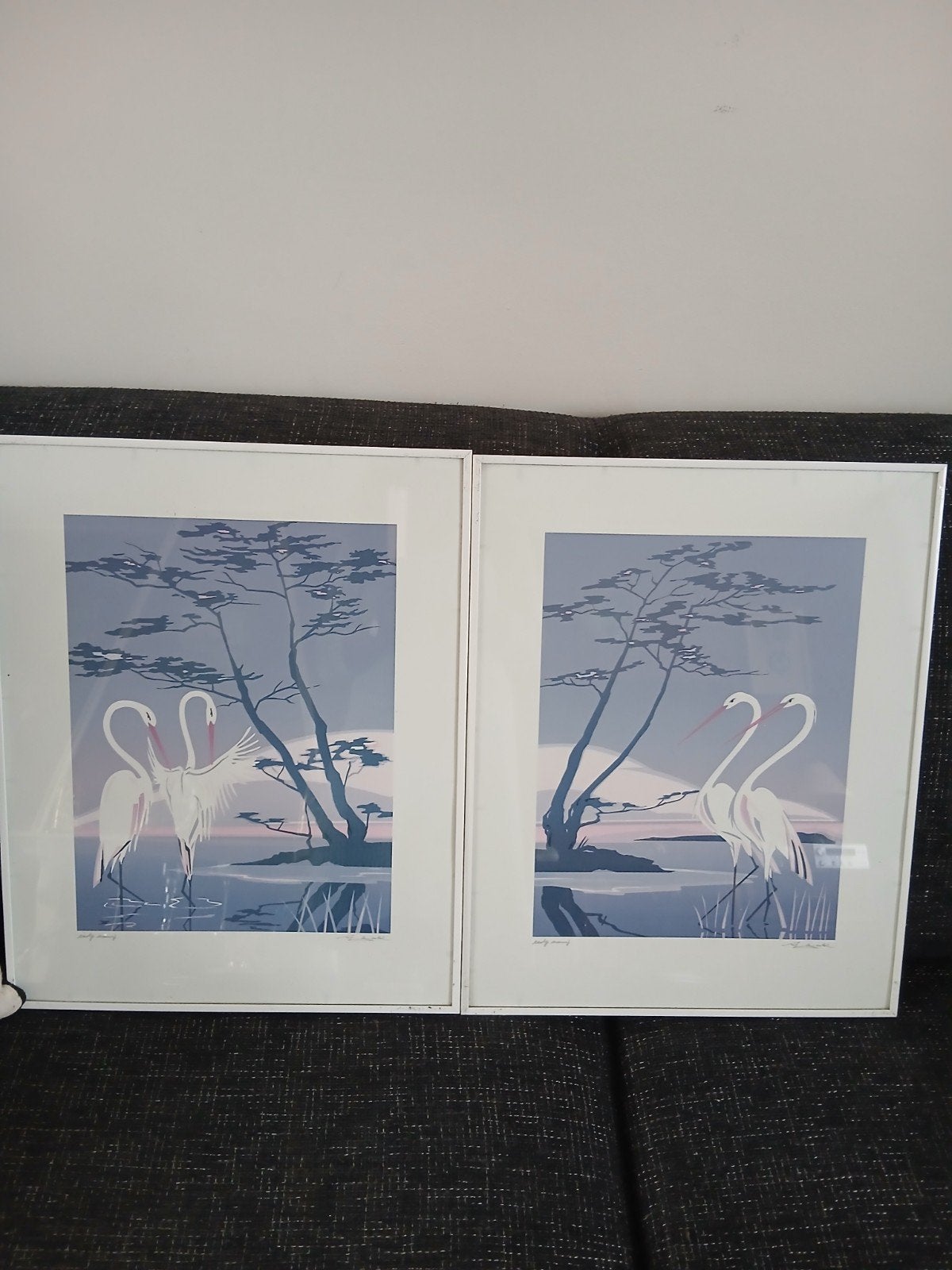 Set van 2 gesigneerde zeefdrukken met reigers, Gesigneerd, Ophalen of Verzenden, Dieren en Natuur, Zeefdruk