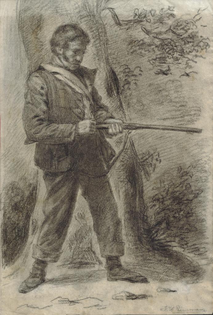 Jan Willem Pieneman houtskool "Man met Geweer", gesigneerd, Ophalen
