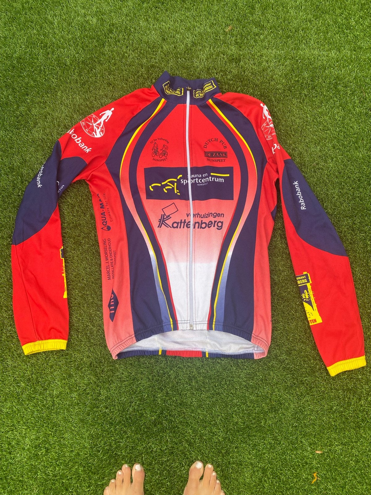 Fietsjack Maat L - Rood/Blauw met sponsorlogo's, Gebruikt, Heren, Ophalen of Verzenden, L