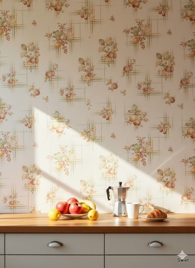 7225 Fruitig origineel vintage keuken behang France swiet, Ophalen of Verzenden, Groen