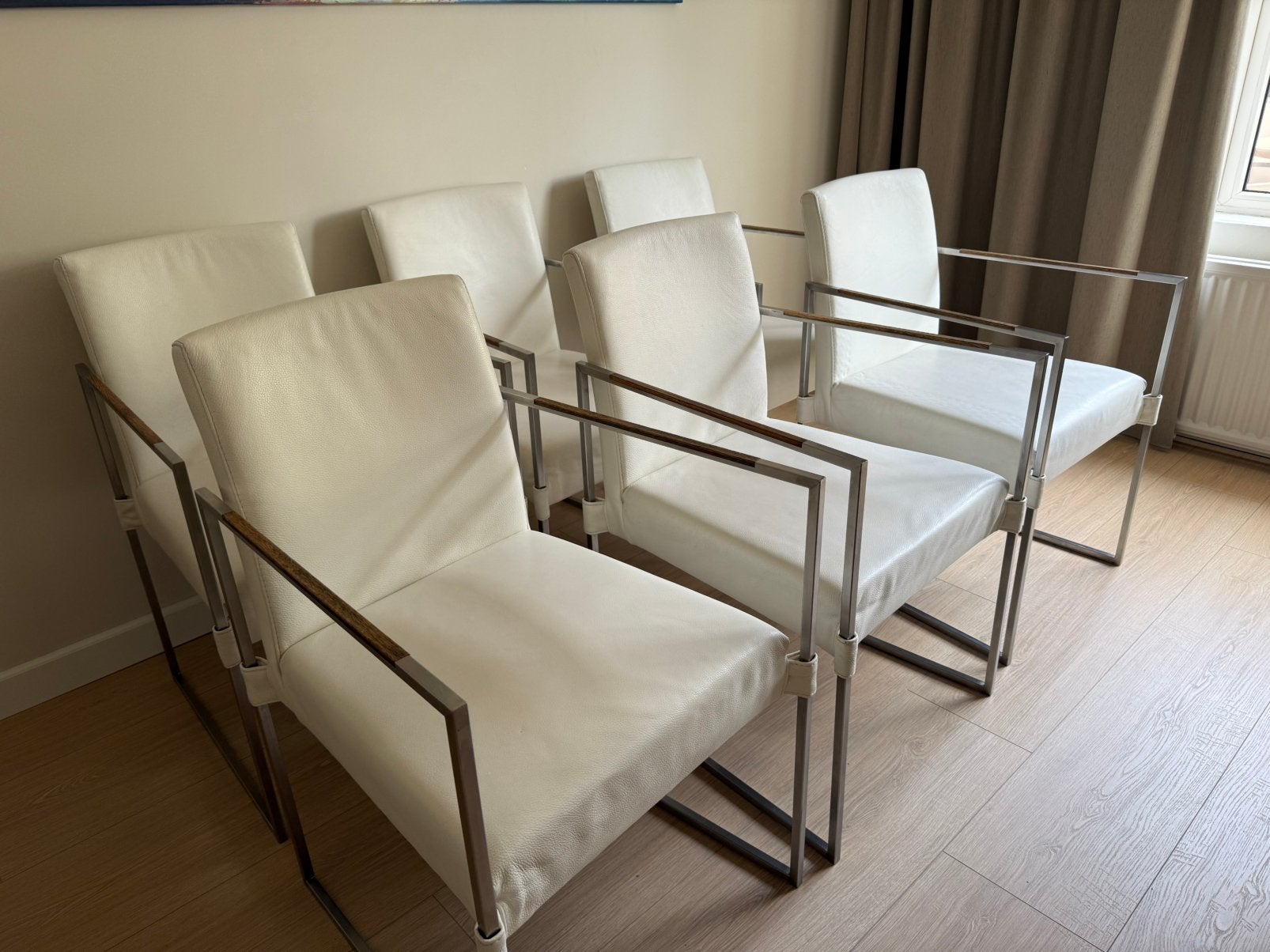 6x Bert Plantagie eetkamerstoelen – crème/wit leer, Ophalen, Overige maten, Minder dan 75 cm, Leer