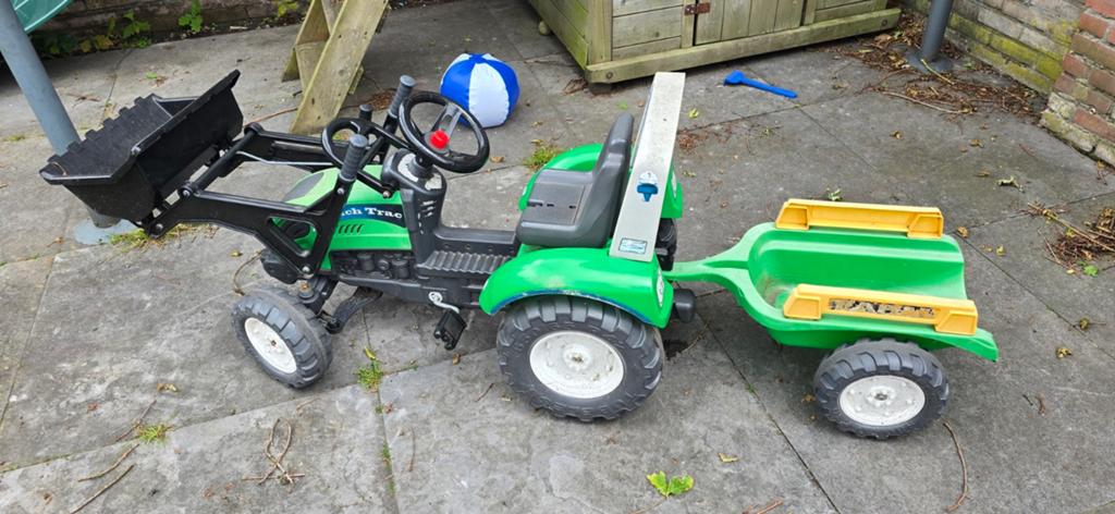 Groene traptractor met voorlader en aanhanger, Ophalen of Verzenden, Gebruikt