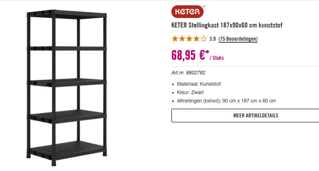 Stellingkast kunststof 187x90x60 cm, Ophalen, Gebruikt
