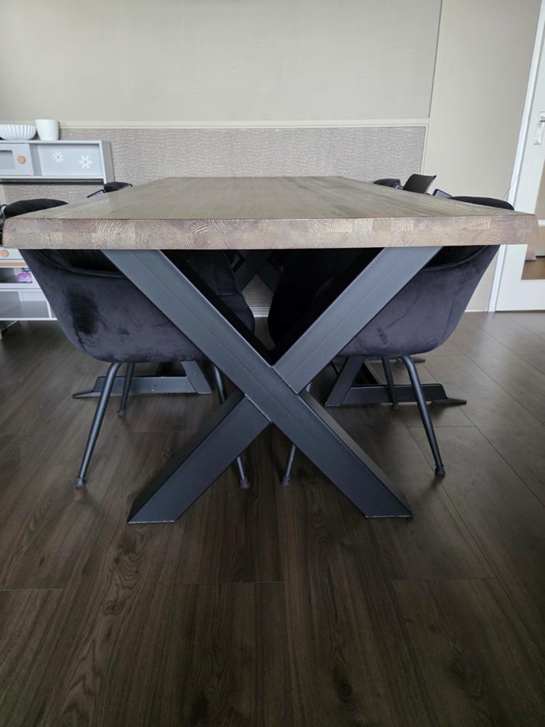 Haco eettafel Rough boomstam blad met X poten. 180x100x77,5, Huis en Inrichting, Tafels | Eettafels, Ophalen, Gebruikt, 50 tot 100 cm