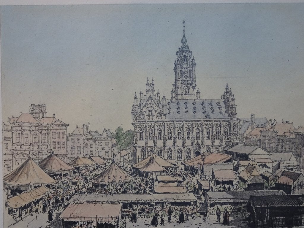 heliogravure kleur kermis te Middelburg 19e eeuw, Decaux, Antiek en Kunst, Kunst | Etsen en Gravures, Dagelijks leven, 1800 - 1899