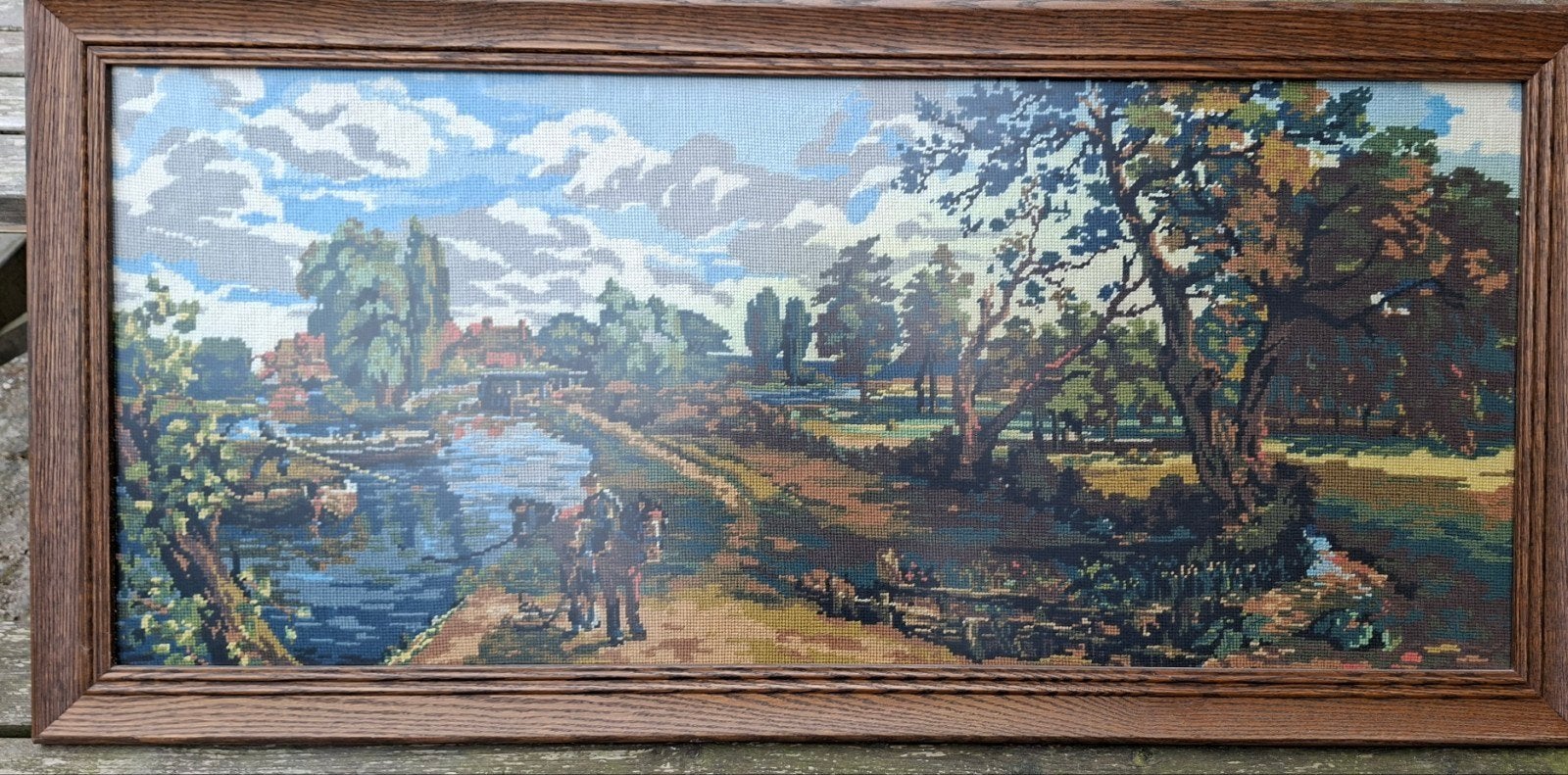 Handgeborduurd schilderij met wol - Landschap, Ophalen of Verzenden, Gebruikt, Handborduren, Overige typen