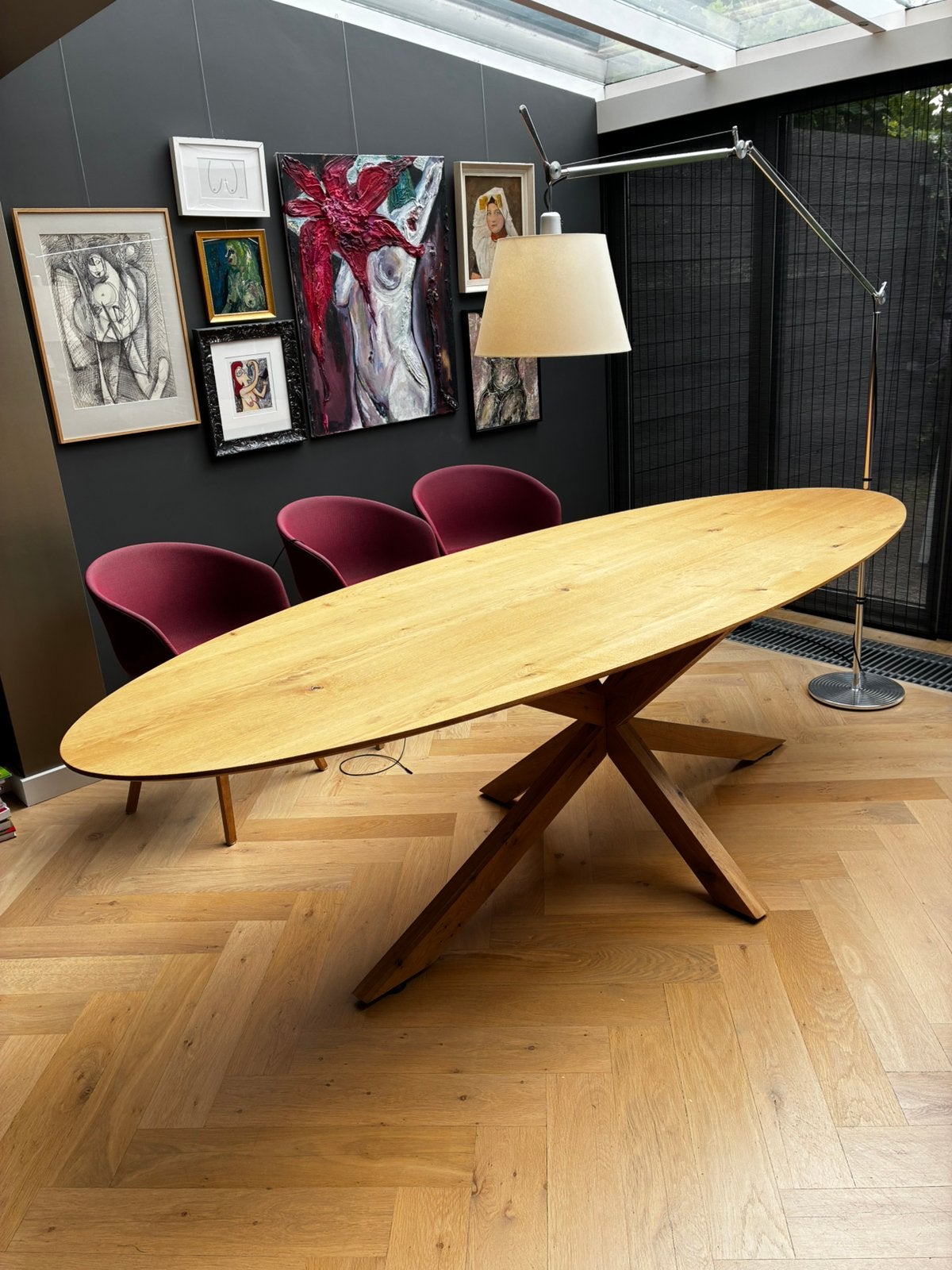 Zware ovale massief eiken eettafel 2.70 m. | in nieuwstaat, Ophalen, Eikenhout, 200 cm of meer, 50 tot 100 cm