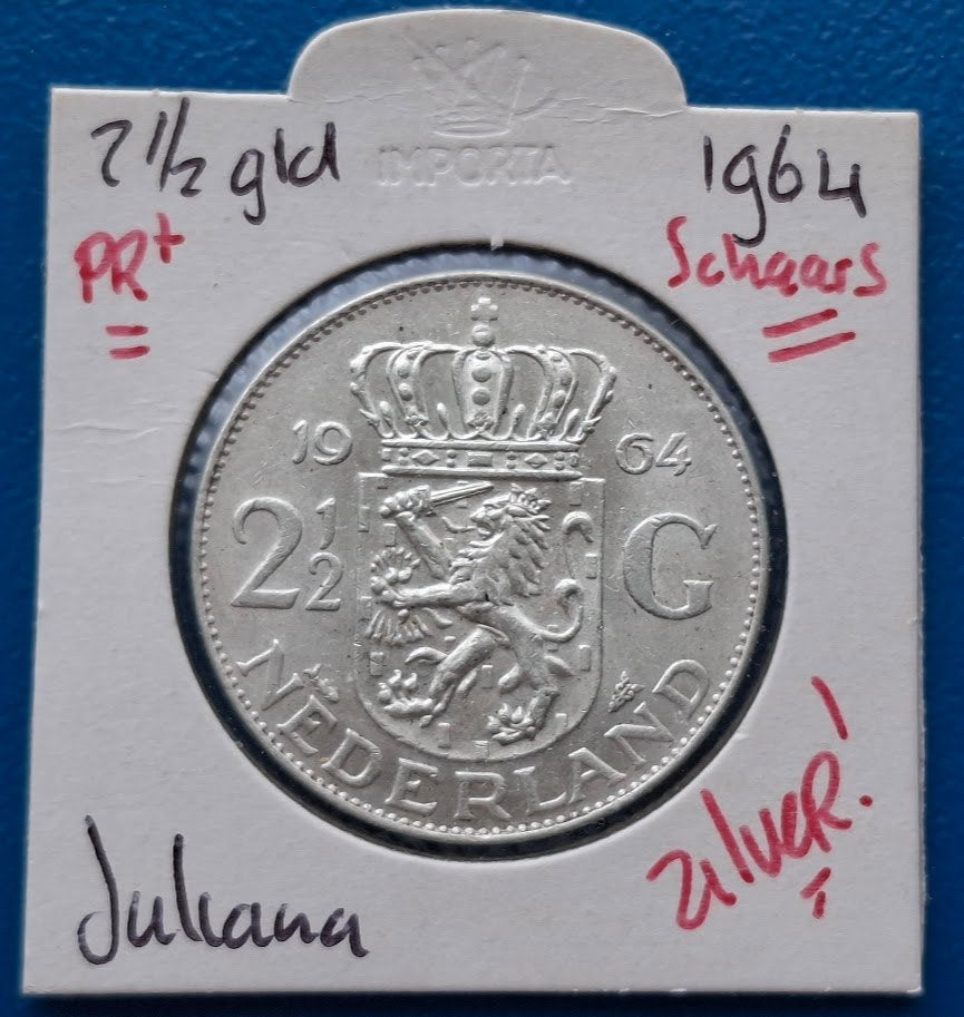 Nederland 2½ gulden 1964 Pr. - 1964*, Koningin Juliana, Zilver, Ophalen of Verzenden, Losse munt