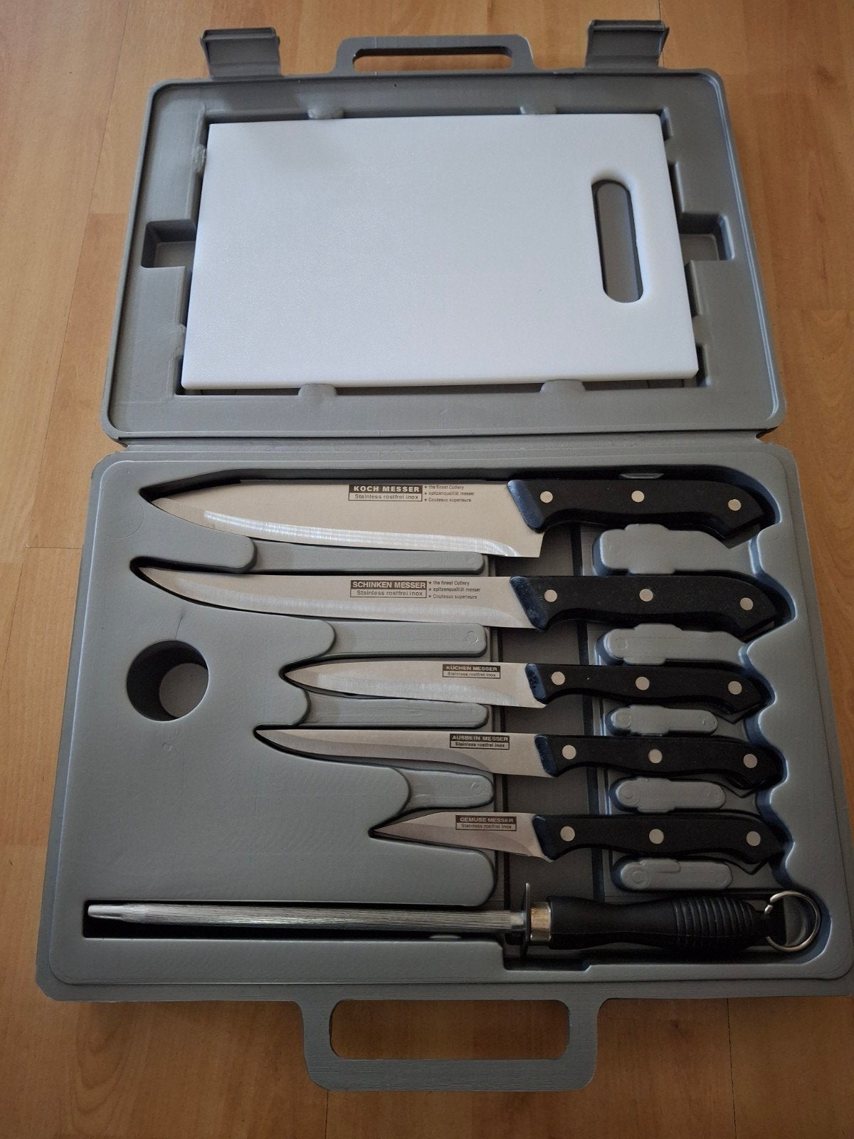 Edelstalen Koksmessen Set met Snijplank in Koffer, Zilver, Ophalen of Verzenden, Metaal, Overige typen
