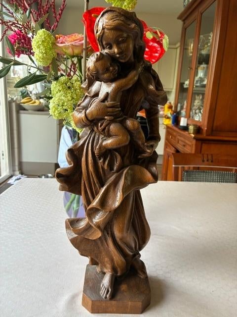 antiek groot houten handgemaakt beeld maria met kind 51 cm, Antiek en Kunst, Ophalen of Verzenden