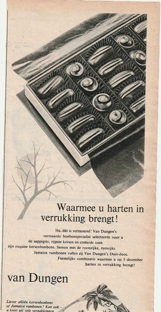 Retro reclame 1961 Van Dungen chocola dat is verrassend, Verzamelen, Retro, Verzenden, Overige typen