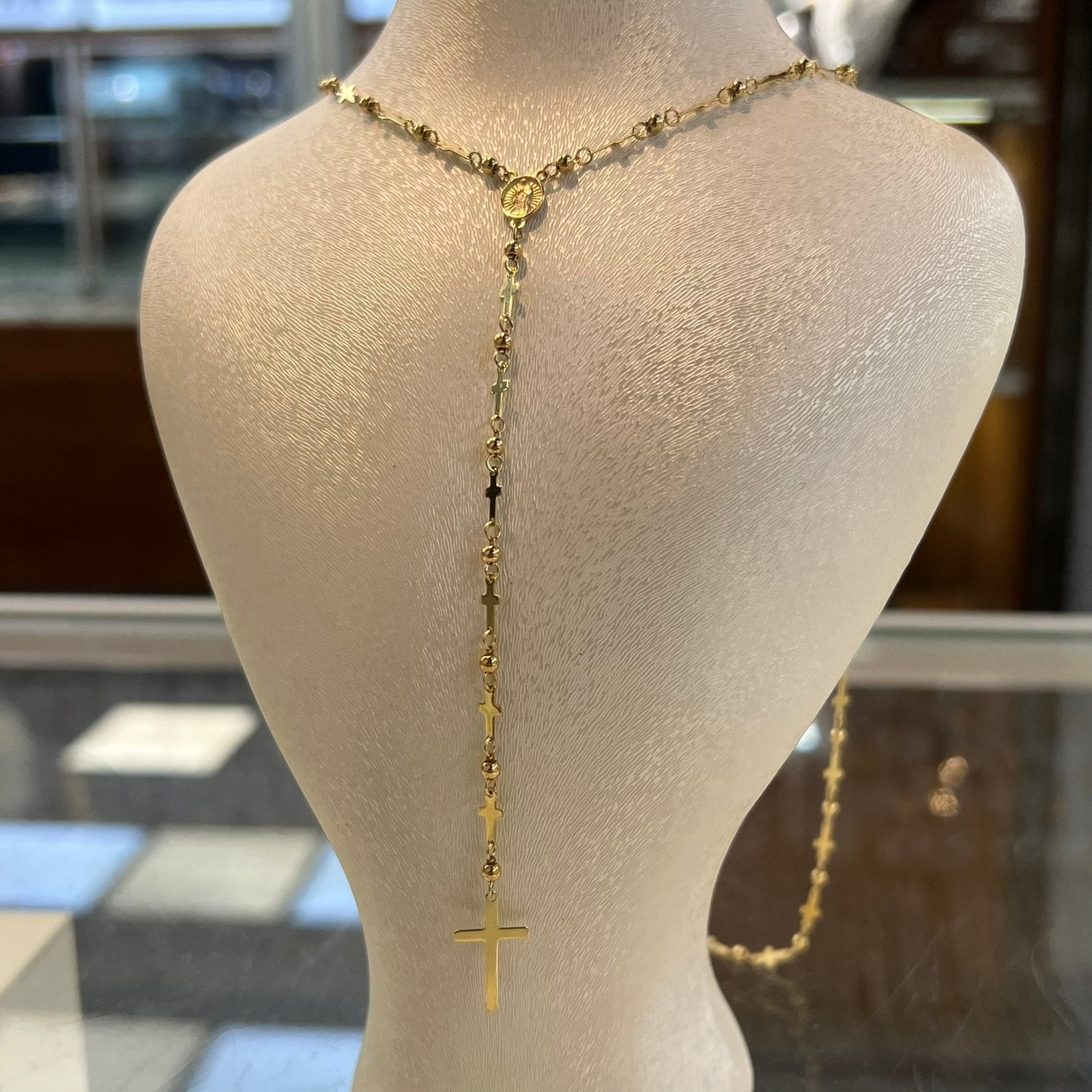 14k gouden rozenkrans ketting prachtig kruis schakel, Ophalen of Verzenden, Nieuw, Overige kleuren, Goud
